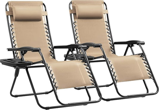 Devoko Set of 2 Zero Gravity Lounge Chairs, Outdoor Folding Adjustable Steel Mesh Recliner Chairs with Cup Holder & Removable Pillow for Patio Garden Lawn Beach (Beige)