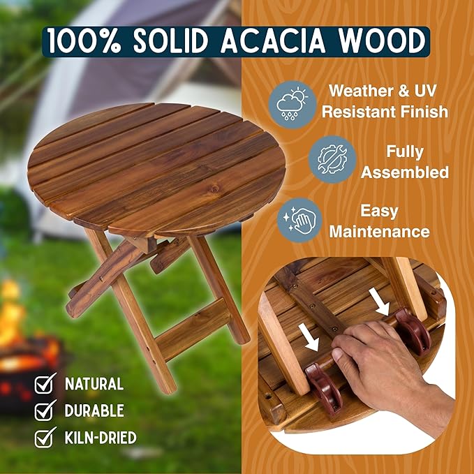 Shine Company Indoor/Outdoor Adirondack Round Folding Acacia Wooden Side Table, White - Photo 5