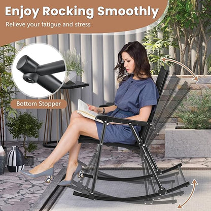 Tangkula Folding Rocking Chairs Set of 4, Patio Rockers with Breathable Seat Fabric & Sturdy Metal Frame, Smooth Rocking Motion, Heavy-Duty Outdoor Rocker for Backyard, Front Porch, Poolside