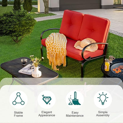 DORTALA 2-Piece Patio Furniture Set, Outdoor Indoor Loveseat and Coffee Table Set, Outdoor Sofa Metal Garden Bench with Soft Cushions, for Balcony, Lawn,Porch, Poolside, Red