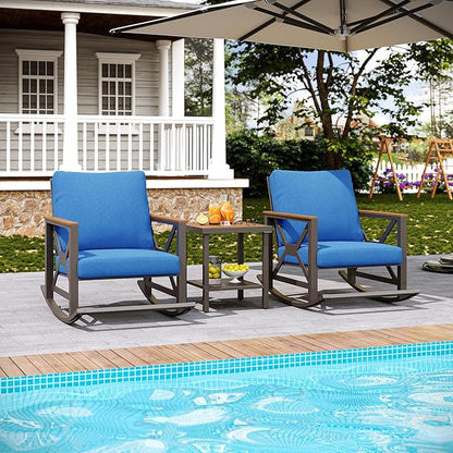Rocking Bistro Set, 3-Piece Patio Conversation Set, Galvanized Frame Patio Rocking Chairs Set of 2 with Coffee Table and Thickened All-Weather Cushion (Blue)