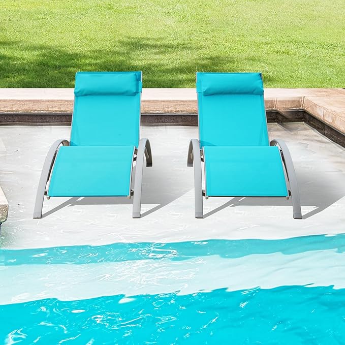 Domi Pool Lounge Chairs Set of 2, Adjustable Aluminum Outdoor Chaise Lounge Chairs, All Weather for Deck Lawn Poolside Backyard -Lake Blue Textilene