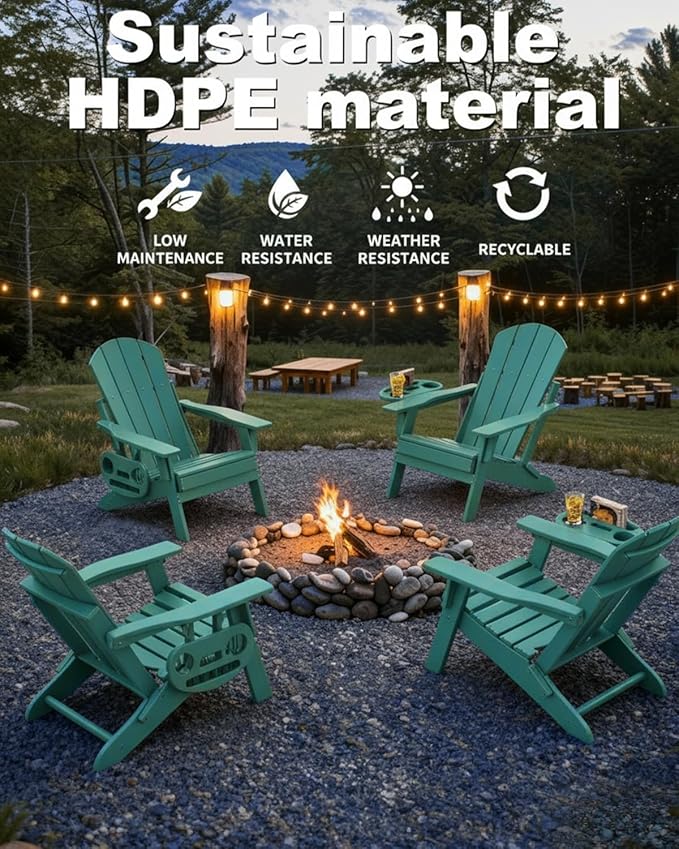 Adjustable Adirondack Chair Set of 4 with Cup Holder, All Weather HDPE Fire Pit Chairs for Deck, Backyard, Patio, Lake Blue