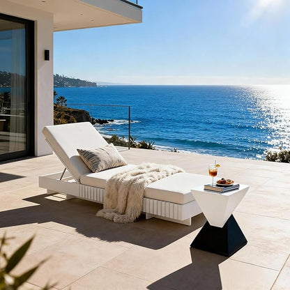 Christopher Knight Home Habery Acacia Wood Chaise Lounge Chair Outdoor with Triple Folds Cushion, Wood Patio Chaise Lounge, Poolside Sun Lounger, Adjustable Backrest Sunbathing Chair, White+Cream