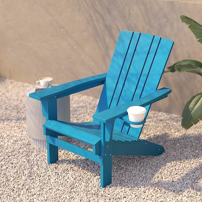 Flash Furniture Halifax Adirondack Chair with Cup Holder, Weather Resistant Poly Resin Adirondack Chair, Blue