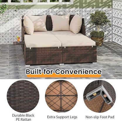 RELAX4LIFE Patio Outdoor Daybed with Canopy, Wicker Rattan Sunbed w/Cushions, 4 Pillows & 2 Retractable Side Trays, 2-Person Lounge Bed Conversation for Poolside Porch Garden (Mix Brown-Beige)