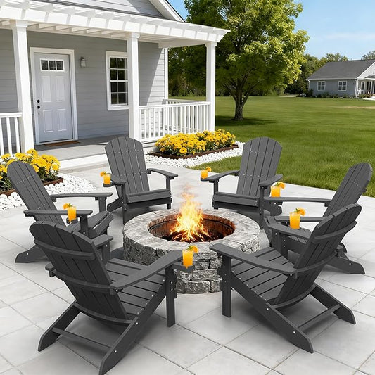 YEFU Adirondack Chairs with Cup Holders: Set of 6 Fire Pit Chairs Plastic with Wood Texture - Sturdy All-Weather HIPS for Patio Backyard Lawn - Easy Assembly Outdoor Furniture(Dark Grey)