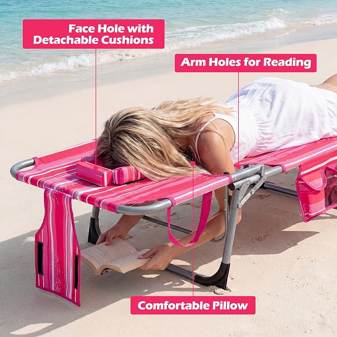 GYMAX Tanning Chair with Face Hole, Sun Bathing Lounge Chairs for Outside with Side Pocket, Folding Portable Face Down Layout Tanning Chair Beach, Backyard, Poolside, Lawn (Pink Stripe,1)