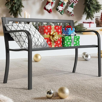 VINGLI Outdoor Metal Bench w/PVC Back - All Weather Resistant Black Garden Patio Bench for Entryway Front Porch Entryway Decor Deck (Black, Tulip)