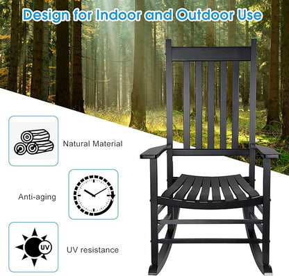 XINYUN Rocking Chair Wooden Frame Chair Indoor and Outdoor Fade Resistant Rocker with 350lbs Weight Capacity All Weather Porch Rocker for Garden Lawn Balcony Backyard and Patio Porch Black