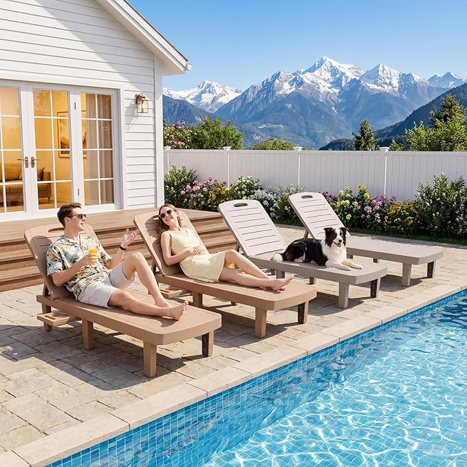Outdoor Chaise Lounge Set of 4, 5-Position Adjustable Sun Lounge w/Pull-Out Tray, Waterproof PP Lounge Chairs for Outside, Lounge Chairs for Poolside, Patio, Beach, Yard in All Weather,Brown