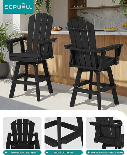 SERWALL Swivel Adirondack Bar Chairs Set of 2, HDPE Outdoor Swivel Barstools Chairs Set of 2 for Bistro, Poolside, Garden, Black