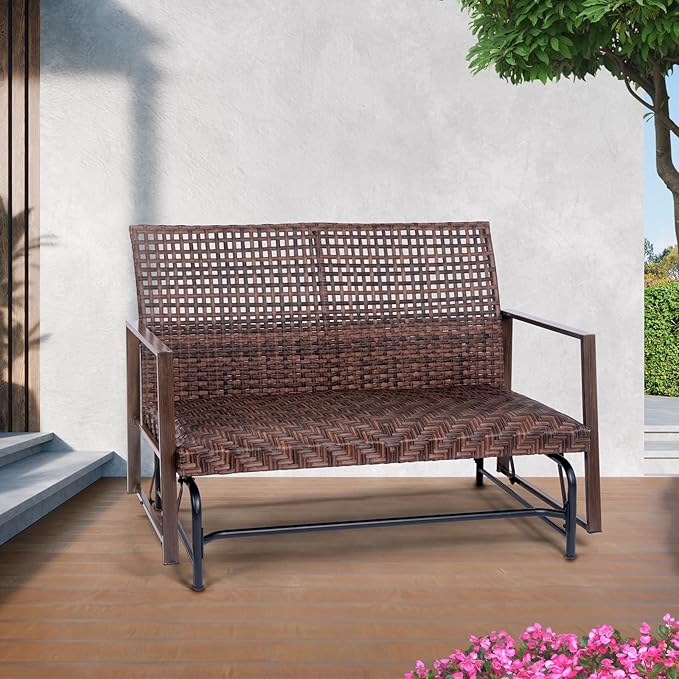 Wicker 2 Person Patio Glider with Double Weaved Wicker Seat, Powder Coated Metal Frame, 50" W x 25.5" D x 35.5" H - Photo 2