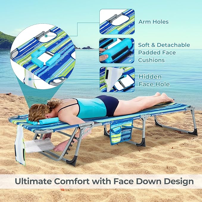 Goplus Tanning Chair, Folding Beach Lounge Chair with Face &Arm Hole, 5-Position Adjustable, Removable Pillow - Photo 3