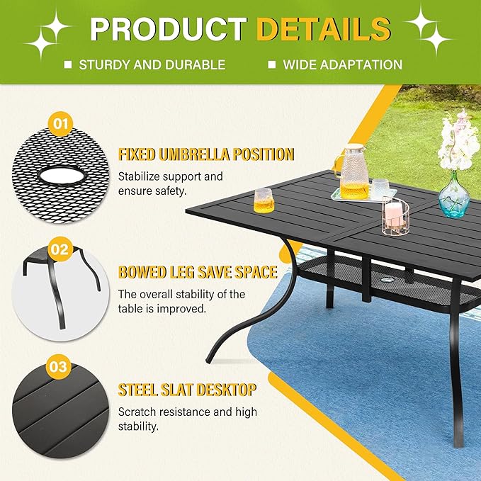 Betterland Patio Rectangular Dining Table 60" x 37" Outdoor Metal Steel Frame & Slat Tabletop with 1.57" Umbrella Hole - Photo 6