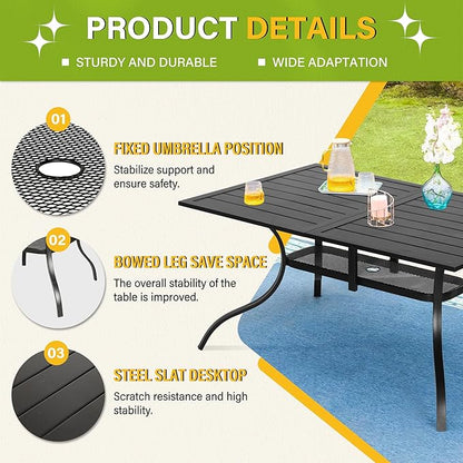 Betterland Patio Rectangular Dining Table 60" x 37" Outdoor Metal Steel Frame & Slat Tabletop with 1.57" Umbrella Hole for 6-8 Person, Classic Black