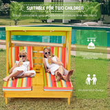 Costzon Kids Lounge Chair Outdoor, Wood Double Seat Chaise Lounge with Canopy, Cup Holders, Cushion, Backrest Recliner - Photo 2