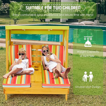 Costzon Kids Lounge Chair Outdoor, Wood Double Seat Chaise Lounge with Canopy, Cup Holders, Cushion, Backrest Recliner, Kids Patio Furniture, Gift for Boys Girls 3-8 Years Old
