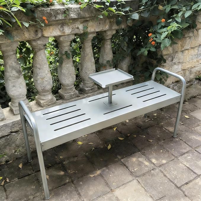 Modern Floor Patio Bench, 2-Person Metal Garden Bench Seat, Outdoor Benches Weatherproof with Built-in Small Table and Armrests, 120cm/47.2in Park Benches Outdoor Furniture(Gray)
