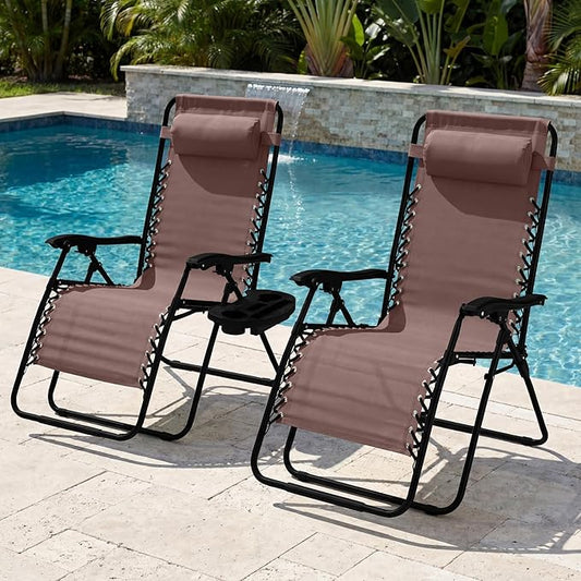 Best Choice Products Set of 2 Extra Wide Adjustable Steel Mesh Zero Gravity Lounge Chair Recliners w/Pillows and Cup Holder Trays - Brown