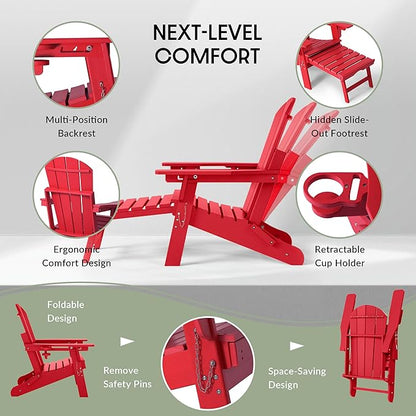 WestinTrends Malibu Folding Adjustable Adirondack Chair with Retractable Ottoman and Cup Holder, Red