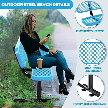 8Ft Outdoor Bench with Blue Portable Frame, Outdoor Steel Park Bench with Backrest, Expanded Metal Mesh Bench for Outside, Lawn, Backyard, Park, Deck, Garden, Patio, Porch, Blue