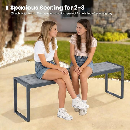 53" Outdoor Bench, 2 Pieces Patio Backless Garden Bench with Metal Frame & Faux Wood Seat for Porch, Entryway, Lawn, Backyard, Grey