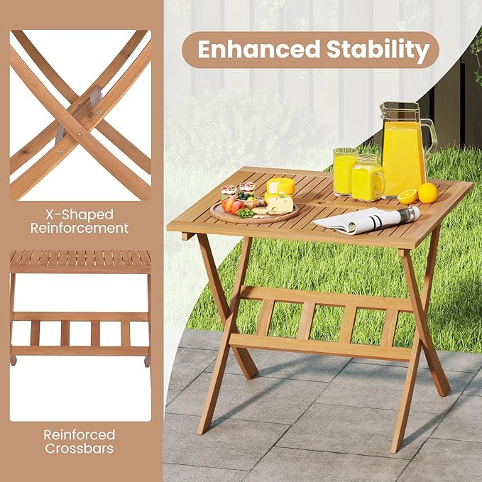 Tangkula 36" Acacia Wood Patio Dining Table, Square Folding Outdoor Bistro Table with Umbrella Hole and X-Shaped Frame - Photo 7