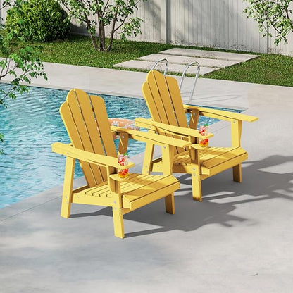 PROHIKER Adirondack Chair Set of 2, HDPE Outdoor Patio Chair with Cup Holder All Weather Outdoor Chairs for Lawn Garden Porch Backyard, Plastic, Yellow