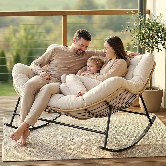 SWITTE Oversized Double Rocking Papasan Chair, Outdoor Wicker Egg Loveseat with Thick Cushion - Photo 4