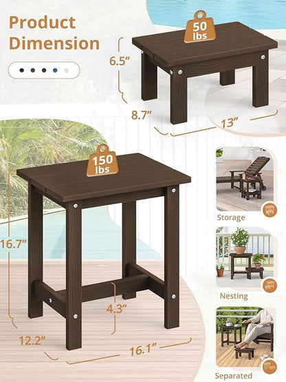 LUE BONA Outdoor Side Table, 2-Tier HDPS Outdoor Nesting End Table with Removable Small Foot Stool for Patio, Deck, Poolside, Low Maintenance & Weather Resistant,Dark Brown