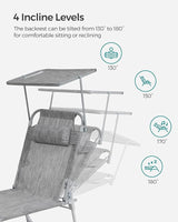 SONGMICS Sun Lounger, Patio Chaise Lounge Chair, Folding, with Canopy, 76 x 20.9 x 11.4 Inches, Holds 330 lb, Headrest - Photo 4