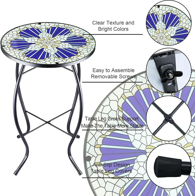 12 Inch Small Outdoor Side Table with Blue Morning Glory, Glass Mosaic Patio Table Indoor - Photo 4