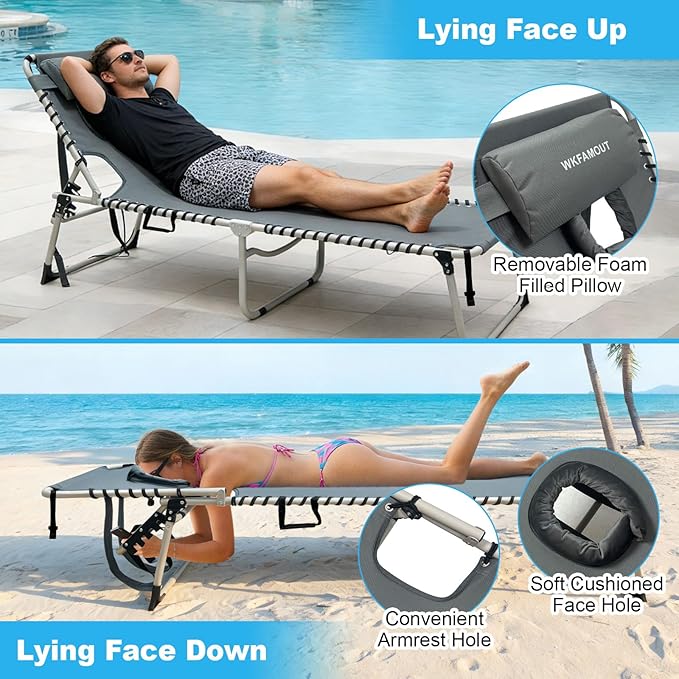 Backpack Sun Tanning Chair with Face Hole & Beach Table, 5-Position Adjustable Folding Lounge Chair Outdoor for Lawn Patio Garden