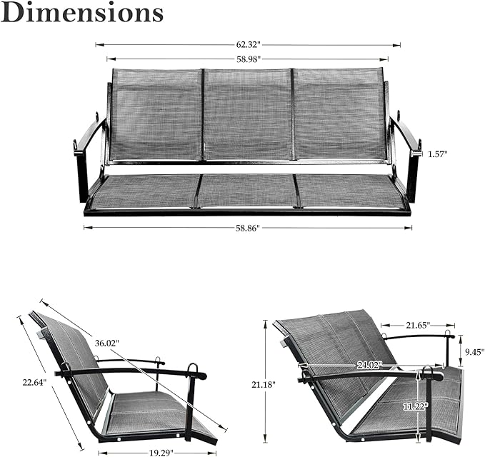 Textilene 3 Seat Hanging Swing, 5.2FT Patio Bench Swing, 660lbs Heavy Duty Outdoor Porch Swing with Hanging Chains for Courtyard, Garden, Tree, Yard