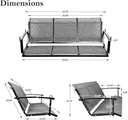 Textilene 3 Seat Hanging Swing, 5.2FT Patio Bench Swing, 660lbs Heavy Duty Outdoor Porch Swing with Hanging Chains for Courtyard, Garden, Tree, Yard