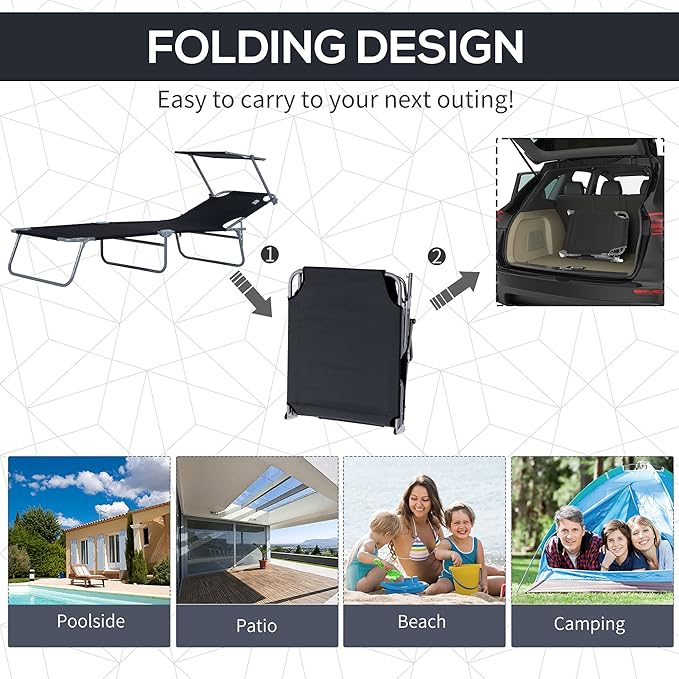 Outsunny Outdoor Lounge Chair, Adjustable Folding Chaise Lounge, Tanning Chair with Sun Shade for Beach, Camping, Hiking - Photo 5