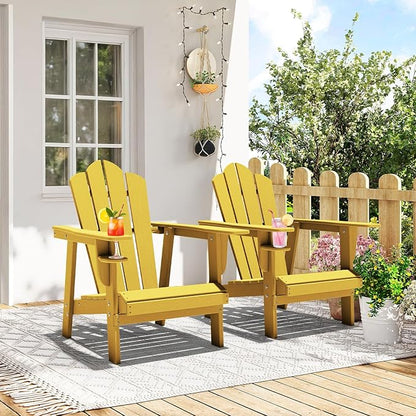 PROHIKER Adirondack Chair with Cup Holder, HDPE Outdoor Patio Chair All Weather Outdoor Chairs for Lawn Garden Porch Backyard, Plastic, Yellow