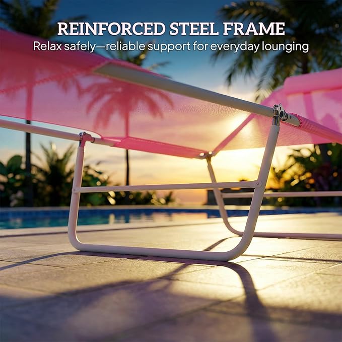 Outsunny Folding Chaise Lounge Chair, Pool Sun Tanning Chair, Outdoor Lounge Chair with Reclining Back, Breathable Mesh Seat, Headrest for Beach, Yard, Patio, Pink