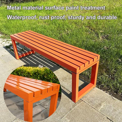 Weatherproof 59in Red Metal Outdoor Bench, Backless Cast Iron Patio Furniture for Garden, Park, Lawn, Front Porch - Durable & Stylish Seating Solution