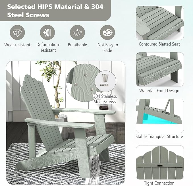 Tangkula Oversized Adirondack Chair, Patio Lounge Chairs w/Adjustable Cup Holder, HIPS Armchairs Slatted Chair, Outdoor Weather Resistant Fire Pit Chair for Deck Backyard Garden Porch (2, Light Grey)