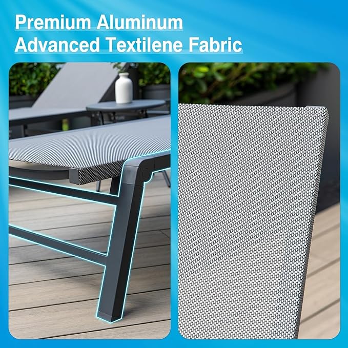 Aluminum Chaise Lounge Chair Outdoor, Foldable Patio Lounge Chair 2 Sets with Table Assemble-Free - Photo 8