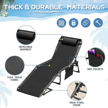 Devoko Lounge Beach Chair for Adults, Outdoor Sun Tanning Chair, Portable Folding Camping Lay Chaise Lounge Chairs for Outside Beach Pool Reading, Sunbathing (1, Black)