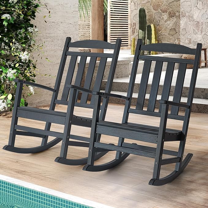 PROHIKER HDPE Rocking Chair, All Weather Plastic Rocking Chair with High Backrest, Outdoor Indoor Porch Rocker for Backyard, Balcony, Lawn, Garden, Black