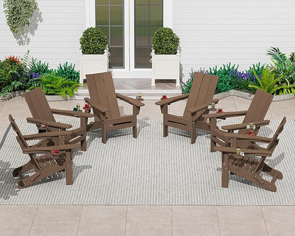 SERWALL Modern Adirondack Chair, Folding Adirondack Chair with Cup Holders, Outdoor HDPE Fire Pit Chair for All Weather Use, Brown