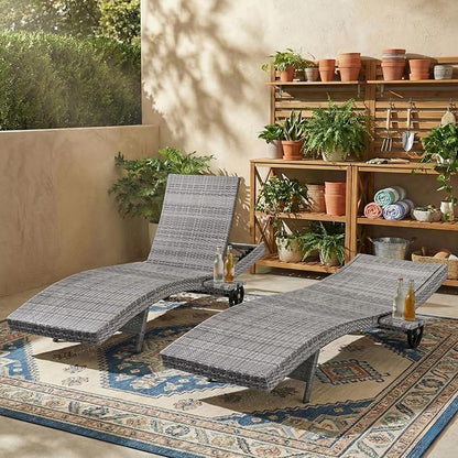 Wicker Outdoor Lounge Chairs with Rolling Wheels, Pool Lounge Chairs Set of 2, Rattan Outdoor Lounger with Pull Out Side Table, Adjustable Backrest Patio Chaise Lounges, Gray