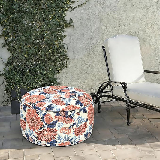 LVTXIII Indoor/Outdoor Extra Large Inflatable Ottoman Pouf D31 x H14 Inch, Round Footstool with Handle, Weather-Resistant Portable Furniture for Patio, Camping, Beach, Vibrant Blossom