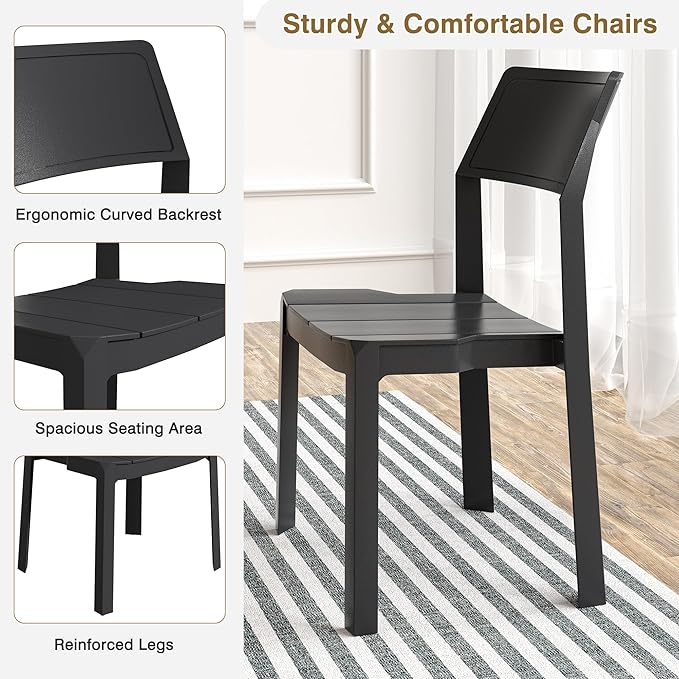 VECELO Plastic Dining Chairs Set of 4, Stackable Patio Chairs for Indoor & Outdoor Use, No Assembly Required, Black