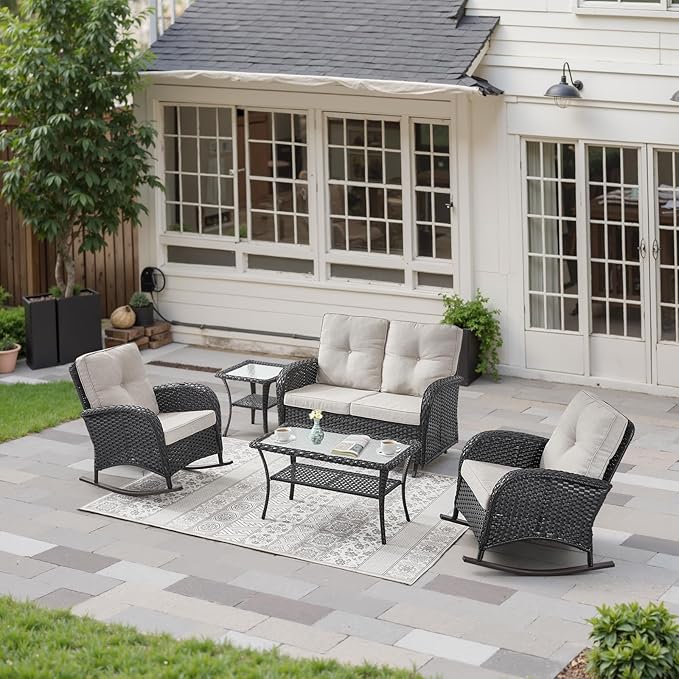 Belord Patio Rocking Chairs Wicker Set - Outdoor Rocking Chairs Set of 2 with Side Table - Photo 8