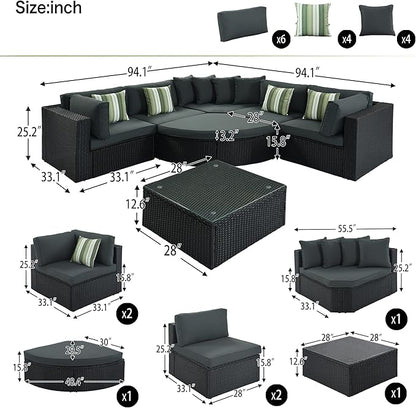 Quarte 7 Piece Outdoor Patio Furniture Sofa Sets,All Weather Rattan Conversation Sofa Set with Striped Green Pillows/Tempered Glass Coffee Table for Garden, Deck